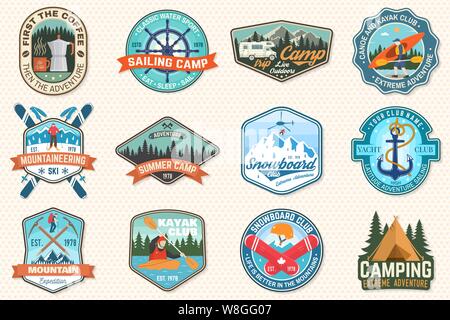Ensemble de la voile, canoë, planche à camp, escalade et kayak club de correctifs. Vector illustration. Concept pour chemise, imprimer, stamp ou tee. Les correctifs de l'aventure de plein air. Illustration de Vecteur