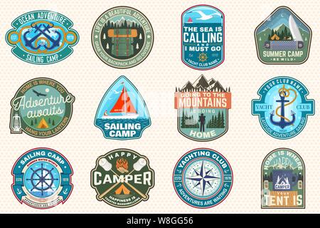 Camp de voile et de camp d'patches. Vector illustration. Concept pour chemise, imprimer, stamp ou tee. Conception avec ancres flottantes, roue, voilier , tente de camping et feu de camp la silhouette. Illustration de Vecteur