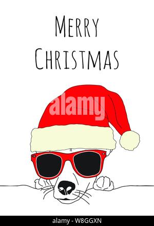 Joyeux Noël et Dog wearing Santa hat and sunglasses. Vector Illustration. Maison de vacances animal mignon modèle de carte de vœux Illustration de Vecteur