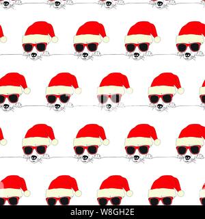 Motif transparent Christmas dog wearing Santa hat and sunglasses. Vector Illustration. Mignon et drôle de conception de l'animal. Illustration de Vecteur