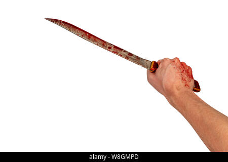 Human hand holding vieux couteau de cuisine sanglante longtemps isolé sur fond blanc Banque D'Images