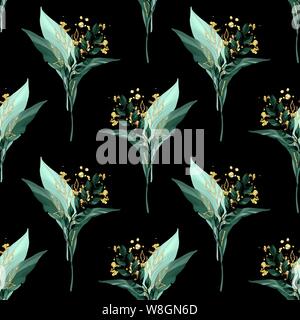 Modèle transparent avec des feuilles et des branches sur noir Banque D'Images