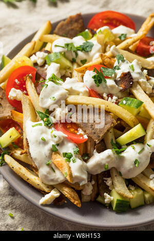 La viande fait maison gyroscope grec Frites avec sauce tzatziki Banque D'Images