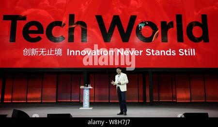 Lenovo Président-directeur général Yang Yuanqing parle lors de la Lenovo Tech monde à Beijing, Chine, 28 mai 2015. Lenovo Group le jeudi (28 mai 2015) Banque D'Images