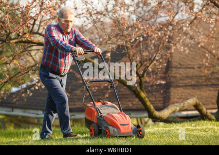 Tondeuse électrique avec l'homme, la tonte du gazon. Découpage d'un jardinier jardin. Journée ensoleillée, banlieue, village. Banque D'Images