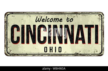 Bienvenue à Cincinnati vintage métal rouillé signe sur un fond blanc, vector illustration Illustration de Vecteur