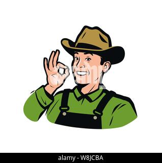 Dans Funny Farmer la hat. Logo des produits agricoles. Vector illustration Illustration de Vecteur