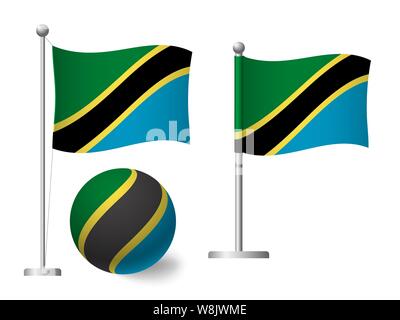 Tanzanie drapeau sur mât et balle. Mât en métal. Drapeau national de Tanzanie illustration Banque D'Images