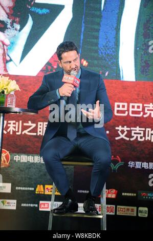 L'acteur britannique Gerard Butler assiste à une conférence de presse pour leur film 'London' est tombé à Beijing, Chine, 31 mars 2016. Banque D'Images