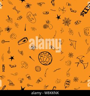 Doodle Halloween seamless pattern set isolé sur fond orange. Ensemble de contour noir avec motif transparent éléments doodle Halloween. Contours col Illustration de Vecteur
