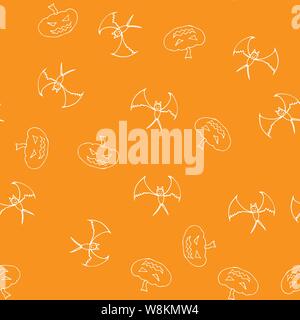 Citrouille Halloween bat et sans contour dans le style abstrait. Les chauves-souris et les citrouilles Halloween motif transparent contours sur fond noir. Maison de vacances de Illustration de Vecteur