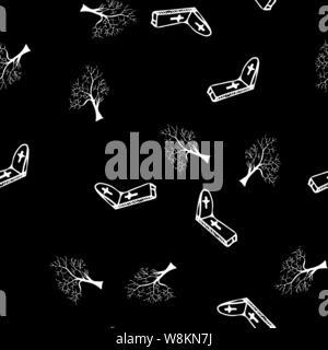 Arbres et pierres tombales seamless pattern contour isolé sur fond noir. Arbres et pierres tombales contour transparent motif dans un han Illustration de Vecteur
