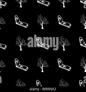 Arbres et pierres tombales seamless pattern contour isolé sur fond noir. Arbres et pierres tombales contour transparent motif dans un han Illustration de Vecteur