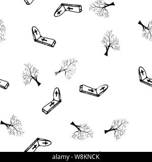Arbres et pierres tombales seamless pattern contour isolé sur fond blanc. Arbres et pierres tombales contour transparent motif dans un han Illustration de Vecteur