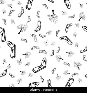 Arbres et pierres tombales seamless pattern contour isolé sur fond blanc. Arbres et pierres tombales contour transparent motif dans un han Illustration de Vecteur