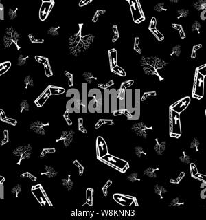 Arbres et pierres tombales seamless pattern contour isolé sur fond noir. Arbres et pierres tombales contour transparent motif dans un han Illustration de Vecteur