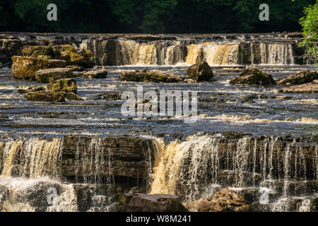 Aysgarth Falls dans le Yorkshire Dales National Park sont un vol triple de cascades entouré de forêts et de terres agricoles, Banque D'Images