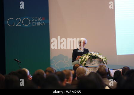 Fonds monétaire international (FMI), Christine Lagarde, Directeur général prononce une allocution lors d'une session de la 2016 Les ministres des Finances du G20 et du Centre Banque D'Images