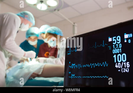 Le suivi de l'ECG et la saturation O2 chez le patient dans la salle d'opération. Banque D'Images