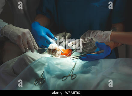 Close up detail d'une chirurgie. Groupe d'exploitation au travail des chirurgiens en chirurgie, dans le théâtre. Banque D'Images