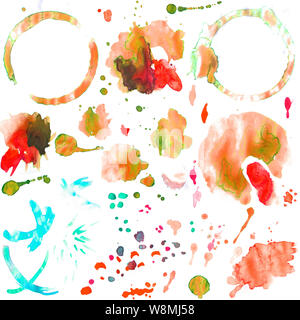 Ensemble d'aquarelle rouge image isolée de cercles de café et de thé plus libre avec blot et spray Banque D'Images