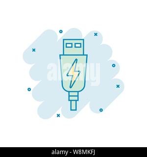 L'icône du câble USB dans le style comique. Chargeur électrique vector cartoon illustration sur fond blanc isolé. Adaptateur de batterie effet splash concept d'affaires Illustration de Vecteur