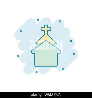 L'icône de l'église dans le style comique. Vector cartoon illustration chapelle blanche sur fond isolé. Concept commercial bâtiment religieux effet splash. Illustration de Vecteur