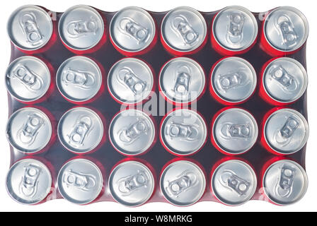 Les boîtes en aluminium rouge paniers dans plastick isolées sur fond blanc, vue d'en haut Banque D'Images