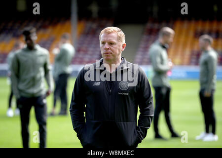 Gestionnaire celtique Neil Lennon avant le match de championnat écossais de Ladbrokes Fir Park Stadium, Motherwell. Banque D'Images