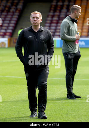 Gestionnaire celtique Neil Lennon avant le match de championnat écossais de Ladbrokes Fir Park Stadium, Motherwell. Banque D'Images