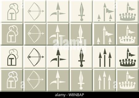 Medievil icônes, les carreaux ou les places de jeu avec des casques bow & arrow pike drapeau lance standard & crowns Illustration de Vecteur
