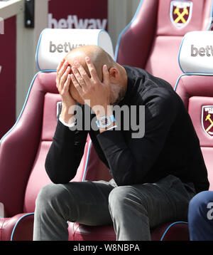 Londres, Royaume-Uni. 10 août, 2019. Londres, Royaume-Uni. 10 août, 2019.Pep Guardiola (Man City manager) au West Ham United v Manchester Premier League anglaise jeu, au stade de Londres, Londres, le 10 août 2019. **Utilisation éditoriale uniquement, licence requise pour un usage commercial. Aucune utilisation de pari, de jeux ou d'un seul club/ligue/dvd publications** Crédit : Paul Marriott/Alamy Live News Banque D'Images