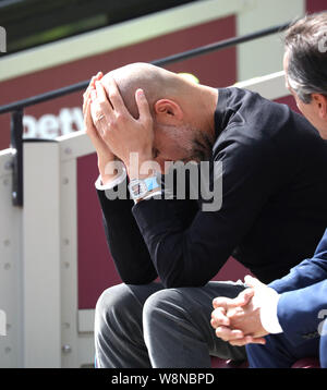 Londres, Royaume-Uni. 10 août, 2019. Londres, Royaume-Uni. 10 août, 2019.Pep Guardiola (Man City manager) au West Ham United v Manchester Premier League anglaise jeu, au stade de Londres, Londres, le 10 août 2019. **Utilisation éditoriale uniquement, licence requise pour un usage commercial. Aucune utilisation de pari, de jeux ou d'un seul club/ligue/dvd publications** Crédit : Paul Marriott/Alamy Live News Banque D'Images