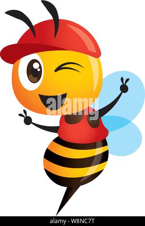Bee Cartoon portant bonnet rouge montrant la main, signe de victoire mascotte illustration vectorielle Illustration de Vecteur