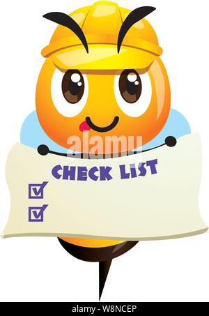 Dessin animé abeille portant un capuchon de sécurité jaune et tenant une affiche de liste de contrôle. Adorable mascotte robuste Happy Bee. Illustration vectorielle de conception plate isolée Illustration de Vecteur