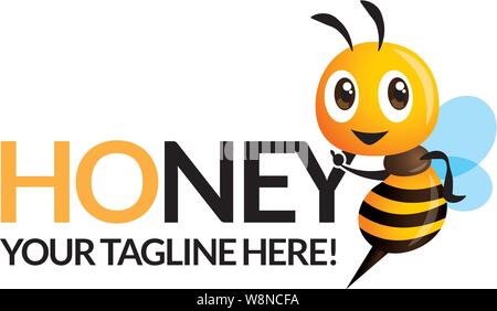 Mascotte d'abeille mignonne pointant vers le nom de marque d'entreprise de miel panneau avec slogan personnalisé - mascotte vectorielle Illustration de Vecteur