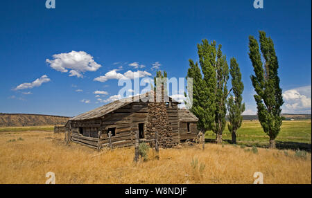Un ranch maison abandonnée depuis longtemps dans la vallée de la rivière Crooked de centre de l'Oregon. Banque D'Images
