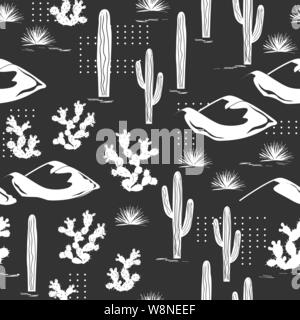 Graphique vectoriel modèle transparent avec des dunes du désert, cactus Saguaro, le figuier de barbarie, et des points. Aventure élégant arrière-plan pour les adolescents, cartes, textile ou Illustration de Vecteur