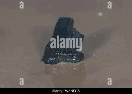 Classe Extra morceau Tourmaline Noire du Brésil sur le sable humide sur la plage au lever du soleil en face du lac. Banque D'Images