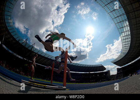 Fonction, Laeuferin sur un obstacle, action, courir, la race, le Stade Olympique, le ciel, le toit, final 400m haies femmes, sur allemand 04.08.2019 Championnats mondiaux d'athlétisme 2019, à partir de la 03.08. - 04.08.2019 à Berlin / Allemagne. Dans le monde d'utilisation | Banque D'Images