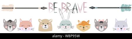 Banner gratuitement, sauvage, Brave avec animaux chat, loup, ours, renard, lapin et les plumes, la flèche dans le style scandinave. Jeu pour Enfants Illustration de Vecteur