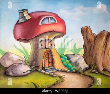 Cute mushroom house dans un paysage ensoleillé. Illustration à l'aquarelle. Banque D'Images