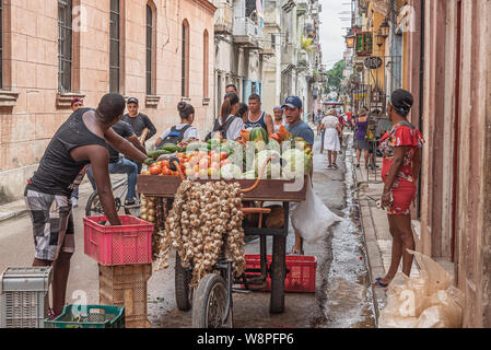 La Havane, Cuba - 09 avril, 2019 : les acheteurs et les vendeurs à un panier de fruits et légumes dans la Vieille Ville Banque D'Images