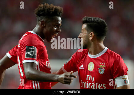 Lisbonne, Portugal. 10 août, 2019. Nuno Tavares de Benfica (L) célèbre avec Pizzi après avoir marqué un but au cours de la Primeira Liga match de football entre SL Benfica et le FC Pacos Ferreira au stade de la Luz à Lisbonne, Portugal le 10 août 2019. Crédit : Pedro Fiuza/ZUMA/Alamy Fil Live News Banque D'Images