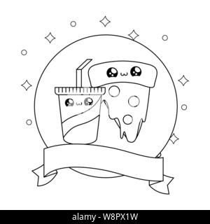 Pointe de pizza et de prendre un verre dans un cadre de style kawaii Ruban circulaire avec vector illustration design Illustration de Vecteur