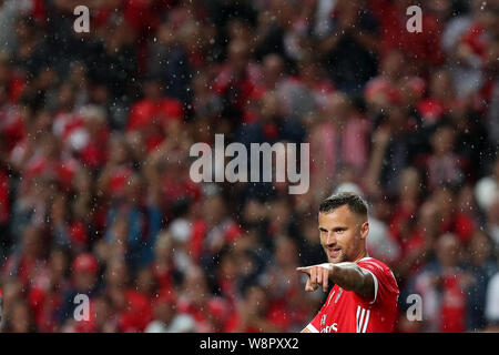 Lisbonne, Portugal. 10 août, 2019. Haris Seferovic de Benfica célèbre après avoir marqué un but au cours de la Primeira Liga match de football entre SL Benfica et le FC Pacos Ferreira au stade de la Luz à Lisbonne, Portugal le 10 août 2019. Crédit : Pedro Fiuza/ZUMA/Alamy Fil Live News Banque D'Images