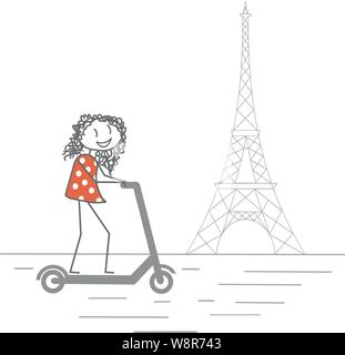 Une femme se déplace en scooter dans Paris, en face de la Tour Eiffel, Illustration de Vecteur