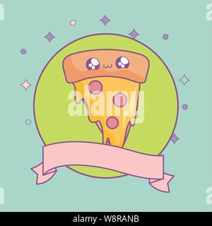 Tranche de pizza dans l'image circulaire avec style kawaii ruban vector illustration design Illustration de Vecteur