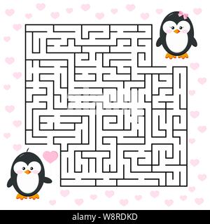 Jeu de labyrinthe d'amour pour les enfants l'éducation Cartoon penguin garçon avec ballon en forme de coeur et une fille. Illustration de Vecteur