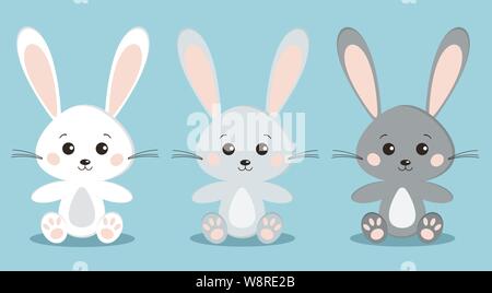 Ensemble d'isolé mignon blanc et gris, les lapins en séance posent avec les grandes oreilles Illustration de Vecteur